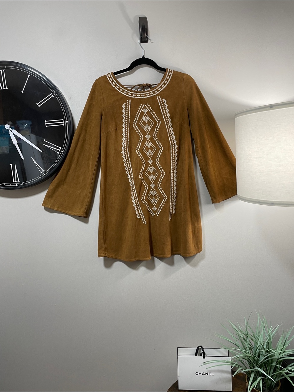 Jealous Tomato Faux Suede-Look Brown Embroidered Mini Dress